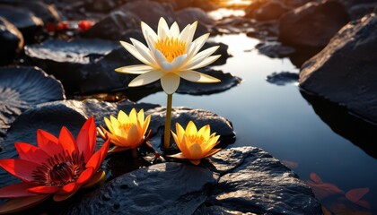 Poster - Lotus Flowers in a Pond.