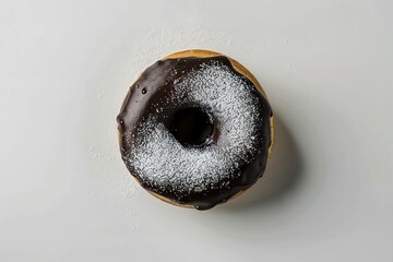 a freshly baked chocolate donut against a pristine white background