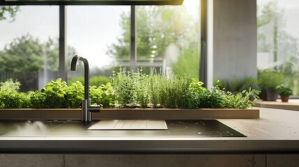 Poster - A modern kitchen sink with a built-in herb garden, next to a window with a view of green trees.