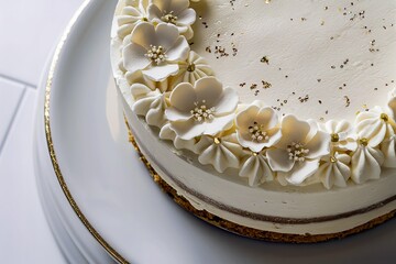 close-up of a freshly baked cheesecake on a pristine white plate