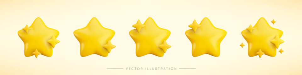 Wall Mural - vector set of 3d gold star with twinkle on yellow background. cute realistic cartoon 3d render of sp