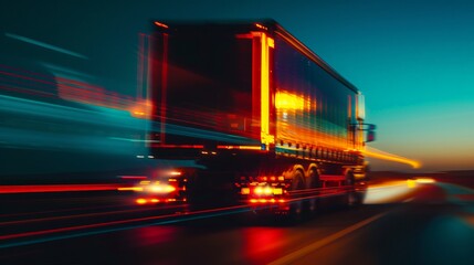 Wall Mural - A semi-truck travels down a highway at dusk, its taillights creating streaks of light