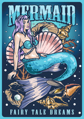 Sticker - Sea mermaid colorful vintage poster