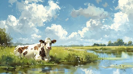 Poster - Cow Relaxing by the River