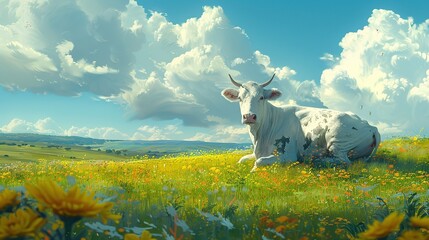 Canvas Print - Cow Resting in a Field of Flowers