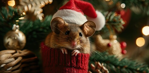 Wall Mural - A Cute Mouse in a Stocking for Christmas