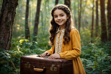 Happy smiling teen girl in stylish french image posing with old suitcase in spring forest, looking at camera. Smiling traveler young lady in retro image. Travel vacation concept. Copy text space