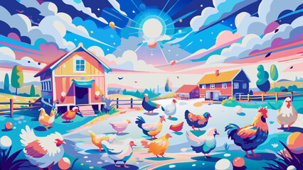 Wall Mural - Picturesque Farm Landscape with Colorful Chickens and Idyllic Sunset