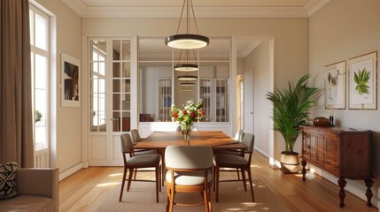 Leinwandbilder - A modern dining room features a wooden table with six chairs, a large window with curtains, and a sideboard. The room has white walls and wooden floors.