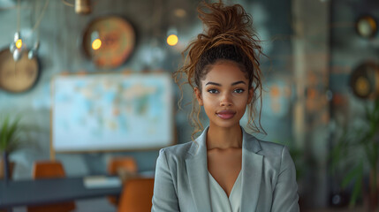 Wall Mural - Beautiful young African American businesswoman standing in an office looking at camera. 