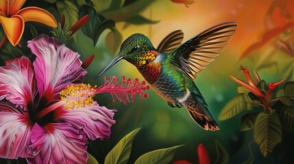 Poster - A close-up of a colorful hummingbird hovering near vibrant flowers, mid-flight.