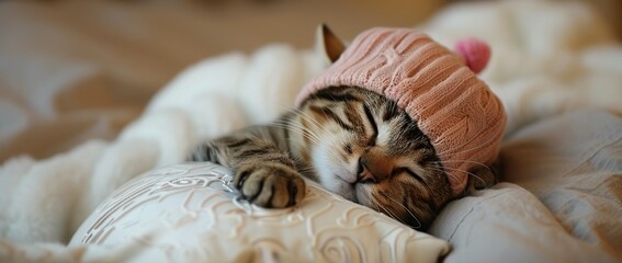 Poster - Sleeping Tabby Cat in a Pink Knit Hat