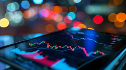Aufkleber - A close-up of a digital stock market graph on a tablet, showing real-time trading data.