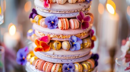 Poster - A close-up of a macaron tower with multiple layers, decorated with edible flowers and gold leaf accents.
