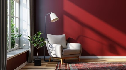 Poster - A comfortable armchair sits next to a window with a view of green foliage. A standing lamp and houseplant are also in the room, which has a red wall.