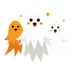 cute Three cartoon ghosts, one in orange and two in white