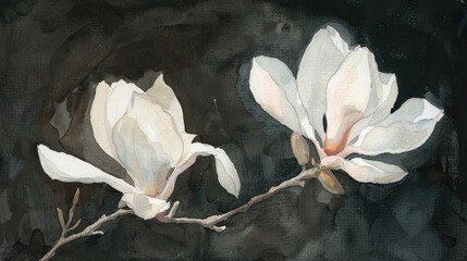 Sticker - Watercolor depiction of magnolia blossoms against a dark backdrop