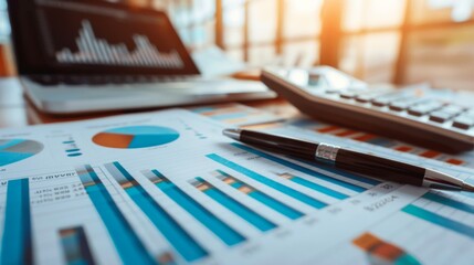 Poster - A close-up of financial graphs and charts on a desk, with a calculator and pen nearby.