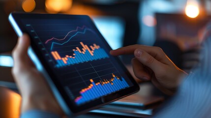 Aufkleber - A close-up of hands holding a tablet displaying a business growth graph with upward trends.