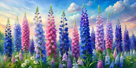 Watercolor-style digital painting of delphinium flowers in nature, showcasing their elegant form and vibrant hues. botanical, floral, wildflowers, purple, summer