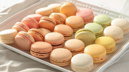 Poster - A colorful assortment of French macarons in pastel shades, arranged neatly on a white serving tray.