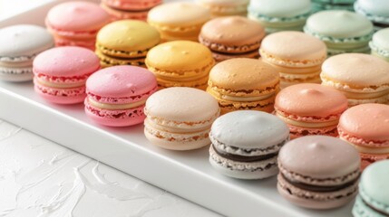 Poster - A colorful assortment of French macarons in pastel shades, arranged neatly on a white serving tray.