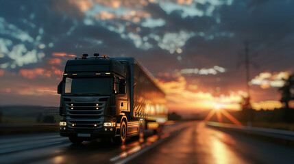 A semi-truck hauling a tanker trailer drives down a straight highway towards a colorful sunset.