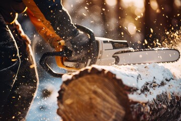 Wall Mural - Close-up of lumberjack using chainsaw to cut tree trunk in winter forest.