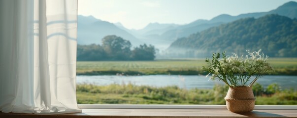 Serene Spring Morning: Tranquil Mountain and River View through Golden Ratio Window Frame