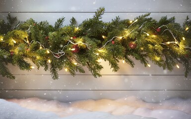 wooden background adorned with a fresh spruce branch and a garland twinkling with multi-colored lights