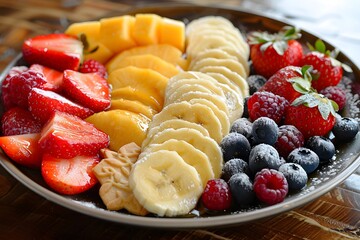 Canvas Print - Colorful Fruit Platter with Strawberries, Bananas, Pineapple, Blueberries, and Raspberries