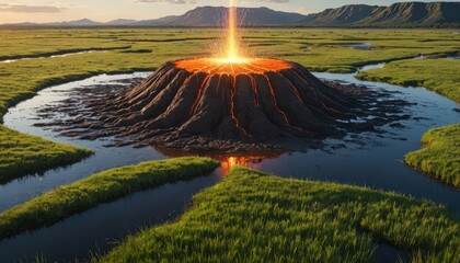 Poster - Volcano Eruption in a Green Meadow.