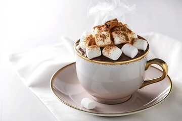 steaming cup of hot chocolate on a pristine white background