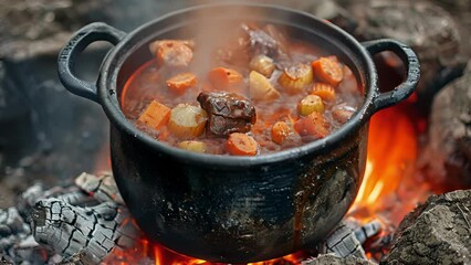 Canvas Print - A bubbling pot of homemade stew simmering on an open fire bursting with flavors of tender wild boar hearty root vegetables and aromatic es.