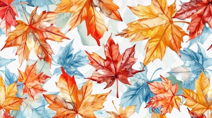 Sticker - Colorful maple leaves in a botanical garden creating a seamless pattern for fabric or wallpaper with a watercolor design