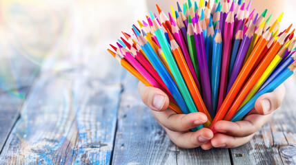 Wall Mural - A child's hand holds bright, vivid pencils in a classroom setting, symbolizing creativity and learning. No visible faces, with empty space in the lower right corner for text.