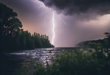 Wall Mural - AI generated illustration of a cloudy sky with lightning above the river and trees at night