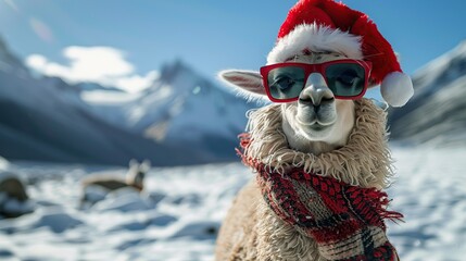 Sticker - Llama in a Santa Hat and Sunglasses