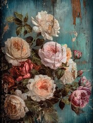 Poster - vintage roses on a blue background