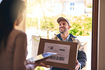 Poster - delivery, box and courier for signature and tablet, distribution .or parcel with technology. post of