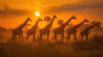 Wall Mural - Silhouettes of Giraffes Against a Sunset Sky