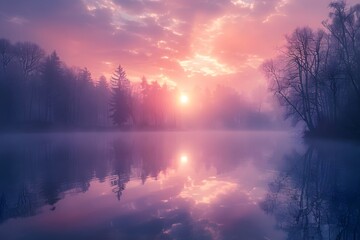 Wall Mural - Serene Sunrise Over a Misty Forest Lake