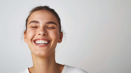 Wall Mural - Portrait of happy young woman laughing with closed eyes and clean teeth on white background 