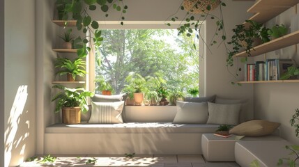Poster - A window seat with pillows, plants, and books, bathed in warm sunlight streaming through the window.