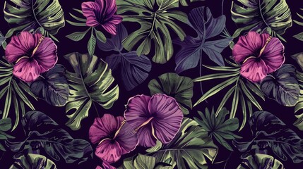 Poster - Vintage Decor Pattern Green Seamless Summer Design Purple Isolated Fabric Pattern for Wrapping Hand Drawn Dark Fashion Print