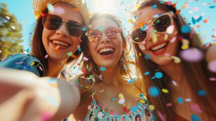 A group of women smiling and taking a photo together amidst confetti, great for celebrations and joyful occasions