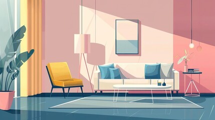 Modern living room interior design with sofa, armchair, coffee table, and plants.