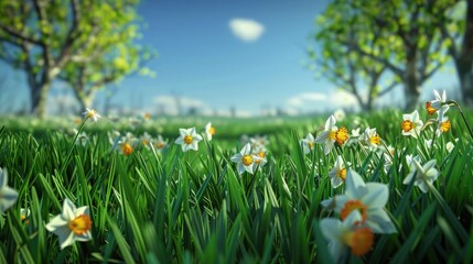 Poster - An AI-generated view of a spring meadow, where the foreground of intense green grass leads to a cluster of spring daffodils, creating a vivid and joyful nature scene.