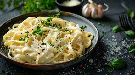 Wall Mural - Alfredo pasta dinner with creamy white sauce and herbs