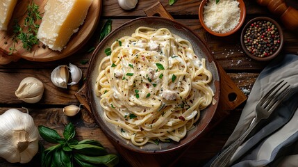 Wall Mural - Alfredo pasta dinner with creamy white sauce and herbs